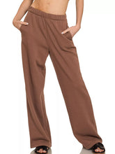 Brown zenana fleece sweatpant with wide-leg fit elastic waistband and side pockets made of soft fleece sweatpants material
