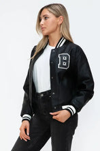 Love Me Now PU Leather Contrast Snap Down Bomber Jacket Woman Outerwear