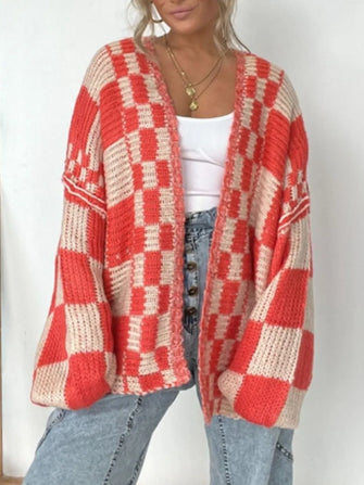Plaid Open Front Long Sleeve Cardigan Deep Red