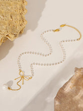 Stainless Steel Bow Pendant Necklace with Pearls Gold One Size