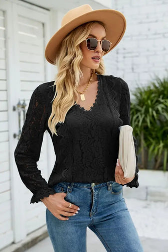 V-Neck Flounce Sleeve Lace Top Black Woman T Shirts