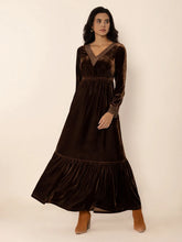 Lace Detail V-Neck Long Sleeve Maxi Dress Dark Brown