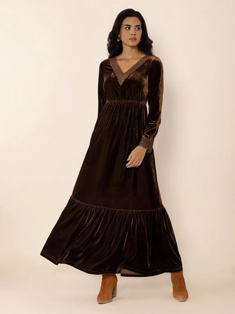 Lace Detail V-Neck Long Sleeve Maxi Dress Dark Brown