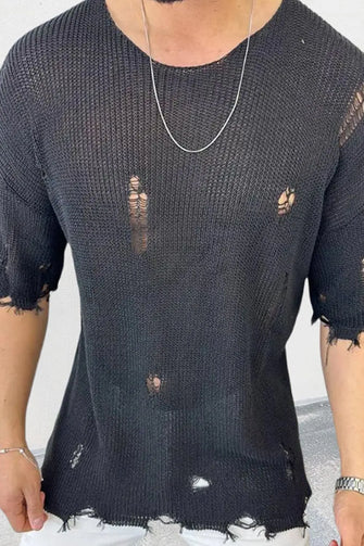 Men's Distressed Round Neck Knit Top Black