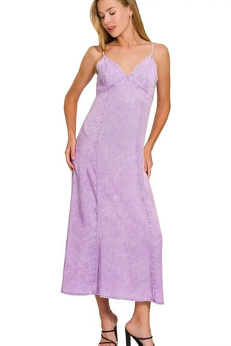 Zenana Tencel Mineral Washed Maxi Dress B LAVENDER Casual Dresses