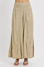 Beige RISEN shirring detail wide leg pants with high waist, pleated front panels, and side slits wide leg pants