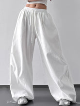 White wide leg casual drawstring pants with elastic waistband loose fit for comfortable everyday wear