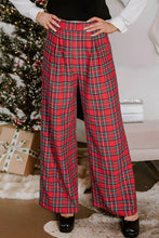 Red plaid wide-leg pants with black and white intersecting lines made of soft woven fabric