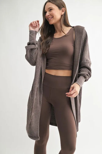 MONO B Chunky Waffle Mineral Wash Hooded Open Cardigan RICH SOIL