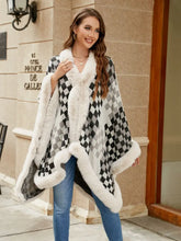Checkered Faux Fur Trim Poncho Woman Poncho