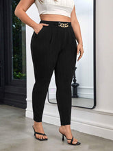 Black high waist plus size elegant skinny trousers with gold chain belt detail for formal wear
