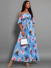Pleated Floral Off-Shoulder Short Sleeve Midi Dress Woman Maxi Dress