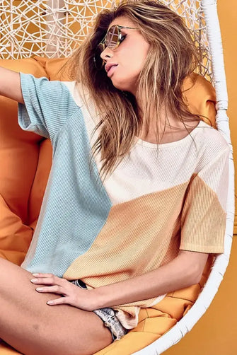 BiBi Round Neck Color Block Short Sleeve T-Shirt Mint Tangerine Woman T Shirts