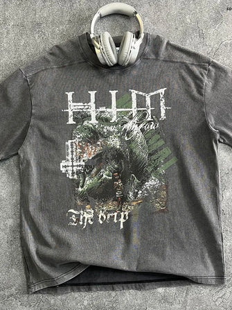 Men's Graphic Round Neck Half Sleeve T-Shirt Dark Gray
