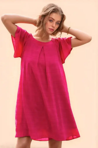 Davi & Dani Textured Ruffle Boat Neck Shift Dress Fuchsia Casual Dresses