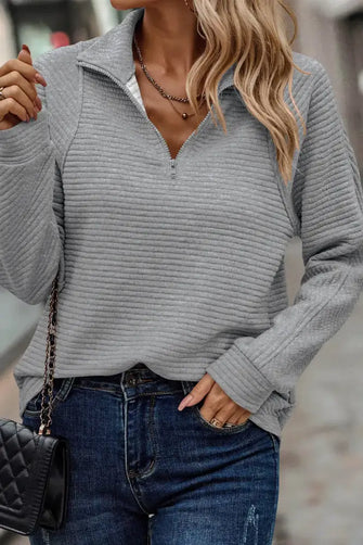 Plus Size Quarter Zip Long Sleeve T-Shirt Gray Woman Sweatshirts