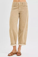 Beige wide-leg crop barrel corduroy pants with rolled cuffs and five-pocket design in risen high rise style