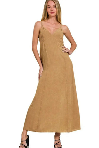Zenana Mineral Washed Rayon Challis Cami Dress DEEP CAMEL Woman Casual Dress