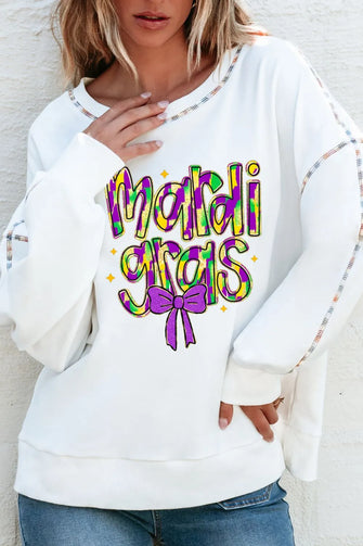 MARDI GRAS Round Neck Long Sleeve Sweatshirt White