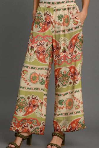 Umgee Full Size Wide Leg Border Print Pants Plus Size GREEN MIX