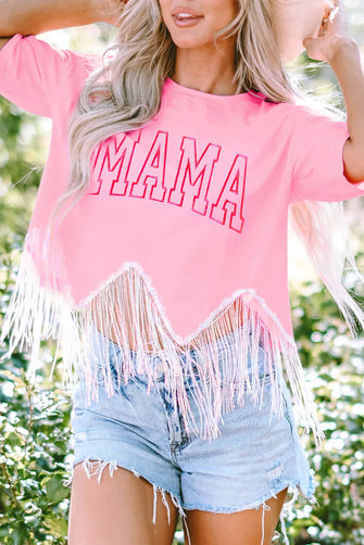 MAMA Sequin Fringe Round Neck T-Shirt Blush Pink