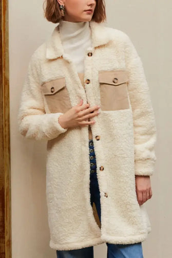 Collared Neck Long Sleeve Longline Teddy Jacket Beige Woman Outerwear