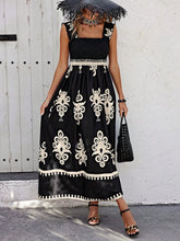 Smocked Printed Wide Strap Maxi Dress Black