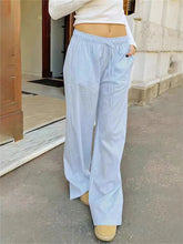 Light blue and white striped drawstring wide leg pants with elastic waistband for comfortable casual wear