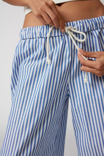 Drawstring Striped Wide Leg Pants Light Blue