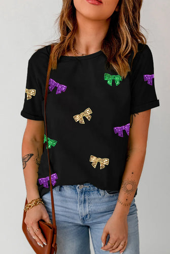 Bow Print Sequin Round Neck Short Sleeve T-Shirt Black