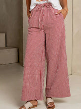Red and white gingham print wide leg casual pants with a drawstring waist in a comfortable lightweight fabric