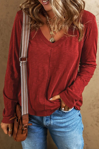 Exposed Seam V-Neck Long Sleeve T-Shirt Deep Red