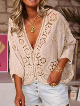 Crochet Lace V-Neck Blouse Tan One Size Woman Shirt