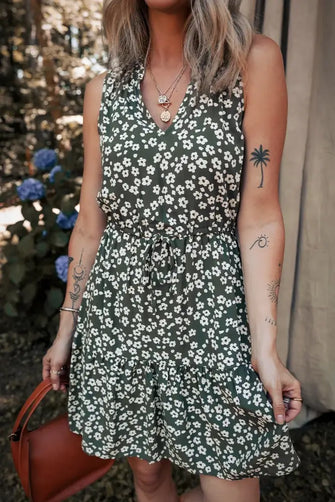 Boho Floral Print V Neck Tunic Sleeveless Dress Floral Casual Dresses
