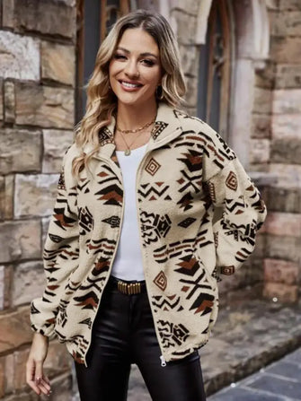 Geometric Zip Up Long Sleeve Outerwear Tan Woman Outerwear