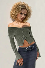 Double Take Ribbed Off-Shoulder Zip Up Long Sleeve Cardigan Matcha Green Woman Outerwear