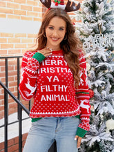 Letter Graphic Round Neck Long Sleeve Sweater Red Sweater Pullovers
