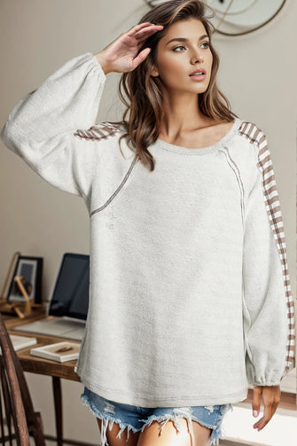 Contrast Stitching Round Neck Long Sleeve T-Shirt Beige
