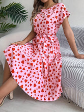 Heart Print Short Sleeve Tie Waist Dress Strawberry