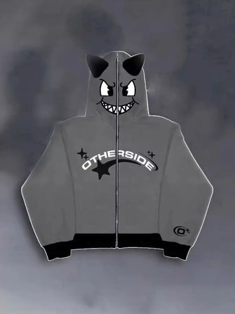 Men's Zip Up Letter Graphic Hoodie Dark Gray