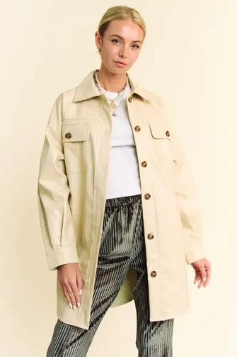 Davi & Dani Faux Leather Button Up Jacket with Chest Pockets BEIGE Woman Outerwear