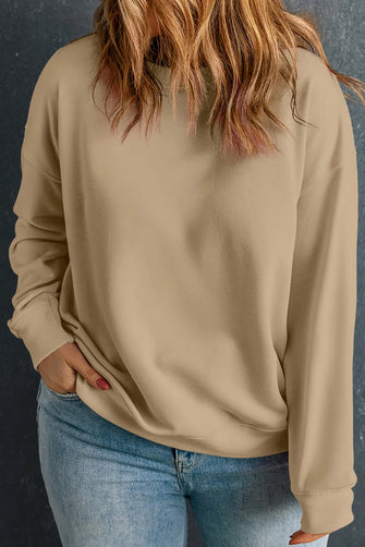Plus Size Round Neck Long Sleeve Sweatshirt Camel