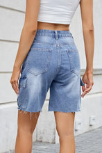 Raw Hem Washed Denim Shorts with Cargo Pockets Denim Shorts