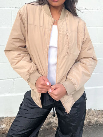 Zip Up Baseball Collar Jacket with Pockets Tan
