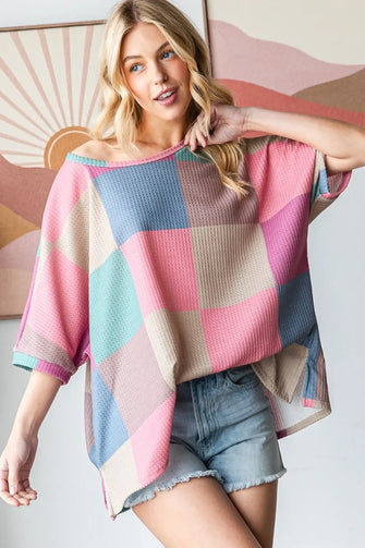 HOPELY Full Size Checkered Round Neck Side Slit T-Shirt Mauve Teal Woman T Shirts
