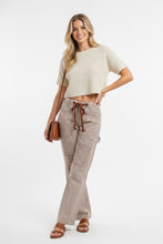 BiBi drawstring striped twill barrel pants with flared legs and patch pockets in a striped pattern