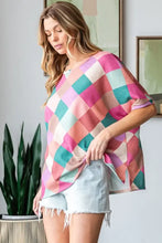 HOPELY Full Size Multi Colored Argyle Side Slit T-Shirt Woman T Shirts