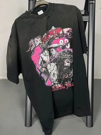 Men's Distressed Detail Round Neck Graphic T-Shirt Black