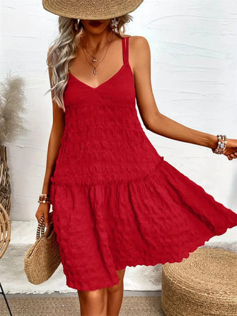 Crisscross Double Spaghetti Straps Tiered Cami Dress Scarlet