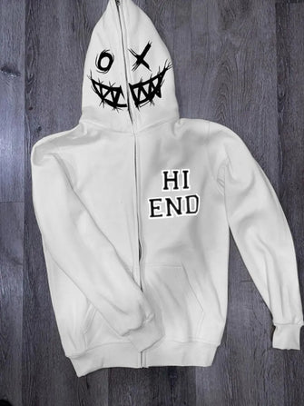 Men's Zip Up Letter Graphic Hoodie White
